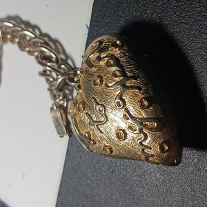 Vintage gold tone bracelet large heart locket engraved My Heart on front.